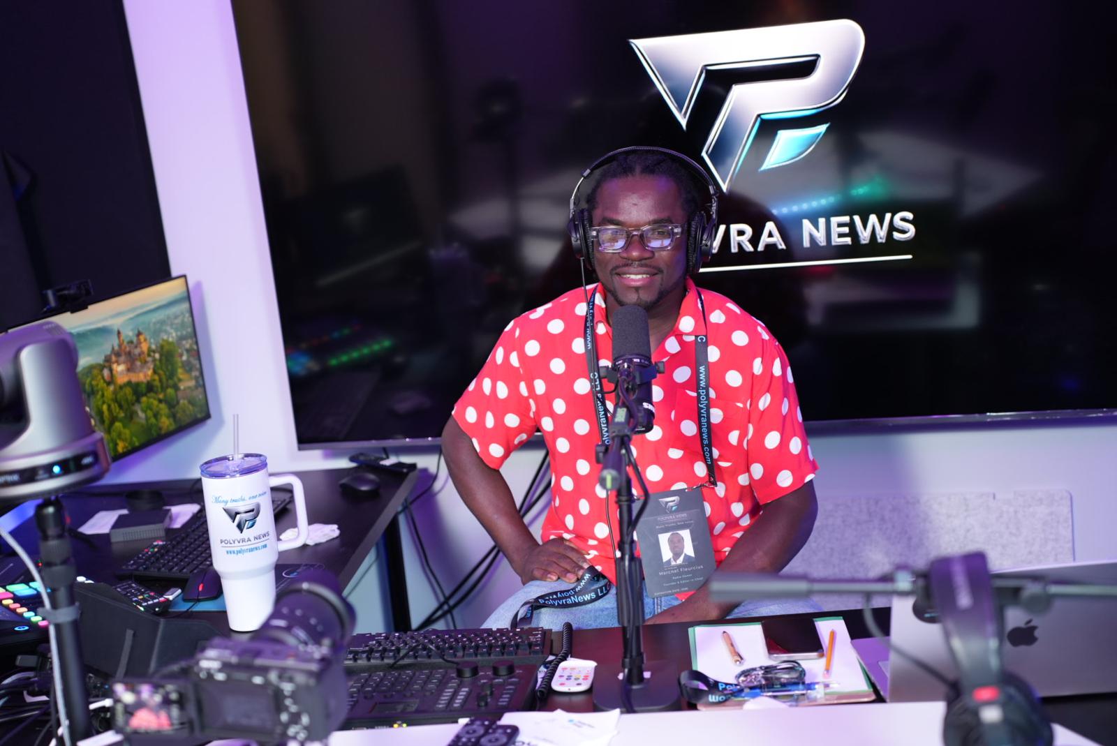Marcnel Fleurcius working inside the PolyvraNews studio in Evansville, Indiana, USA.