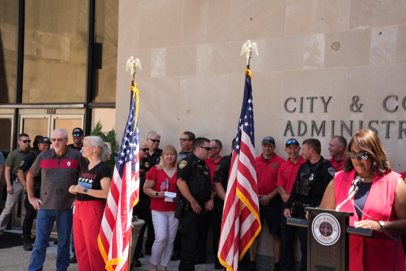Mayor Stephanie Terry speaks during Evansville’s America 250 Proclamation Ceremony outside the Civic Center.